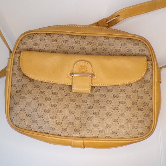 Authentic Gucci Shoulder Bag Vintage Leather Monogram Canvas Signature Purse - Picture 5 of 14